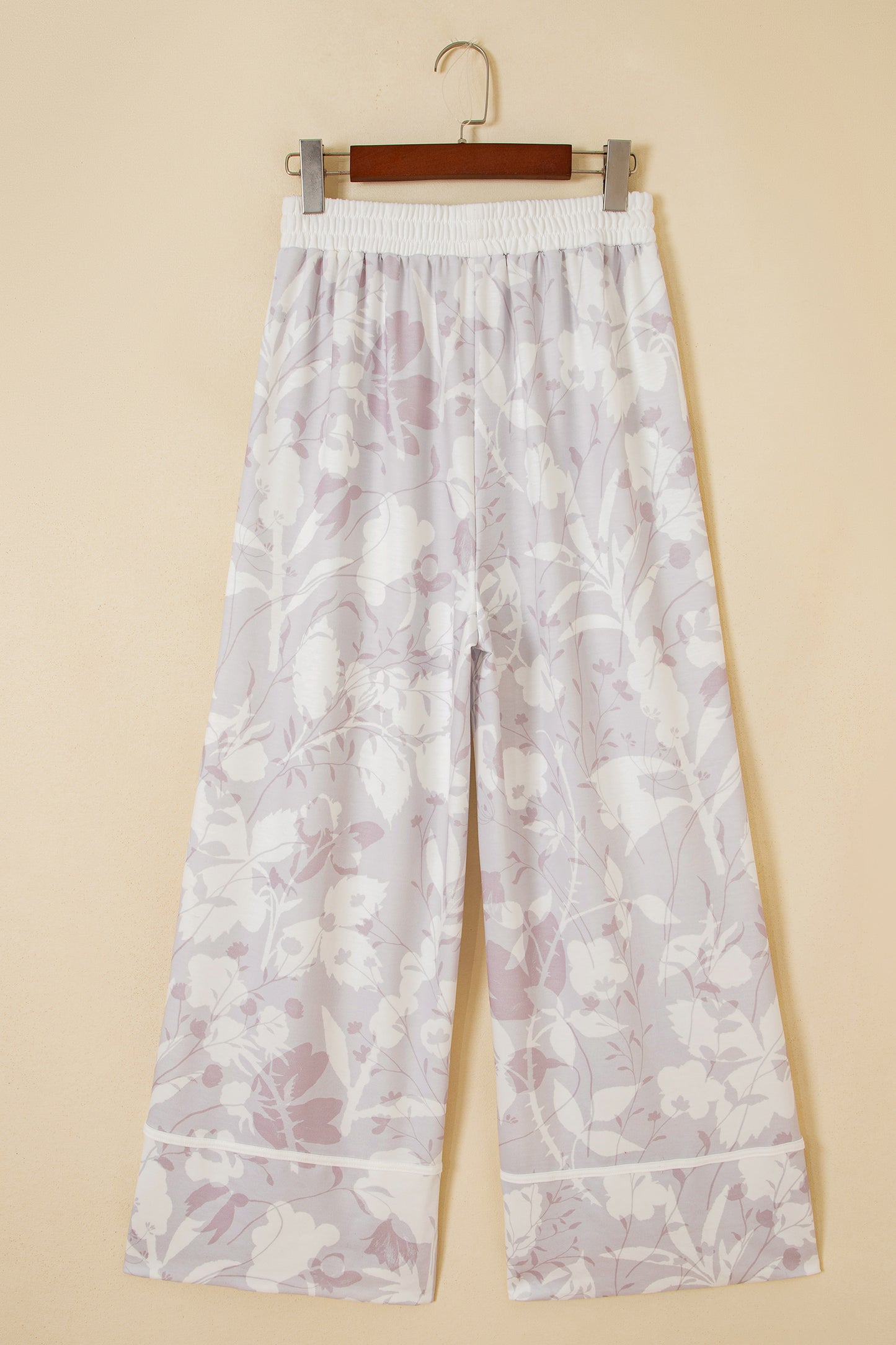 Gray Floral Print Wide Leg Ankle-Length Elastic Waistband Pants