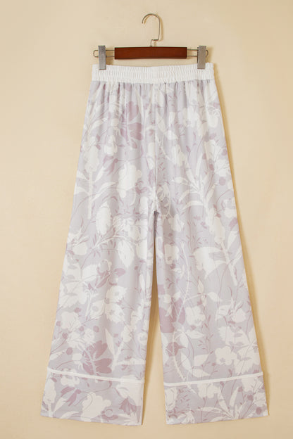 Gray Floral Print Wide Leg Ankle-Length Elastic Waistband Pants