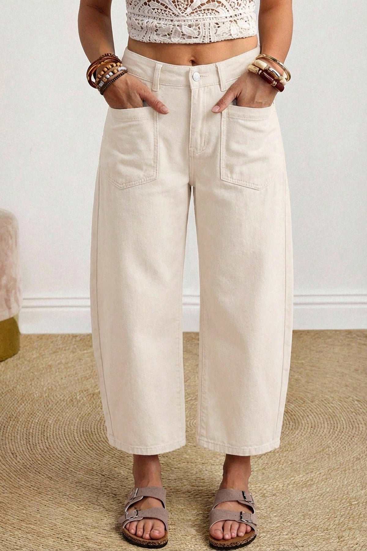 Beige Solid Color Square Patch Pocket Ankle-length Barrel Jeans