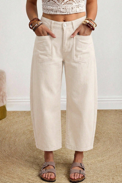 Beige Solid Color Square Patch Pocket Ankle-length Barrel Jeans