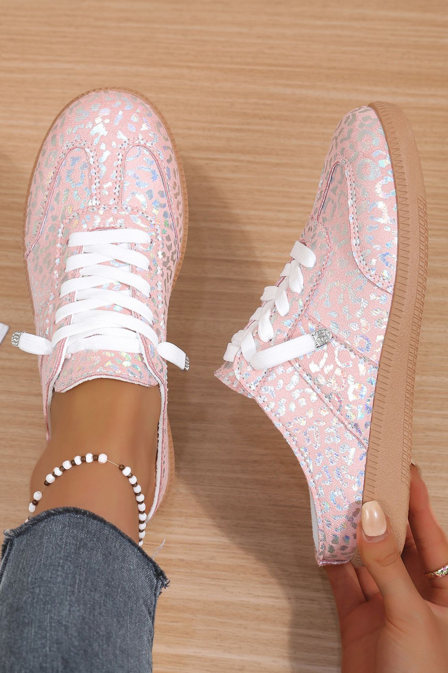 Pink Shiny Leopard Print Lace up Slip On Shoes