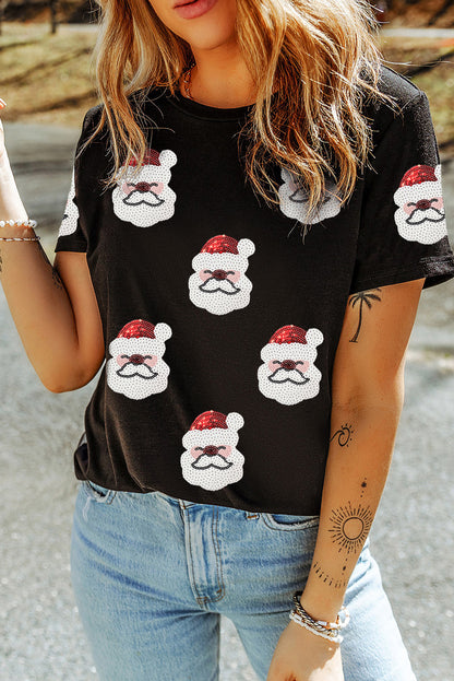 T-shirt noir à paillettes avec motif Père Noël