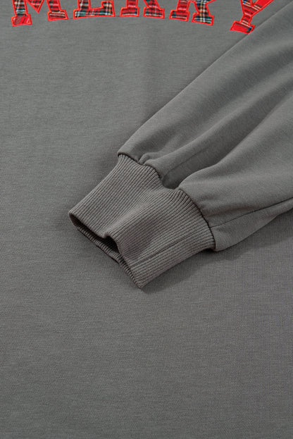 Medium Grey Plaid MERRY Bow Embroidered Plus Size Sweatshirt with Side Slits