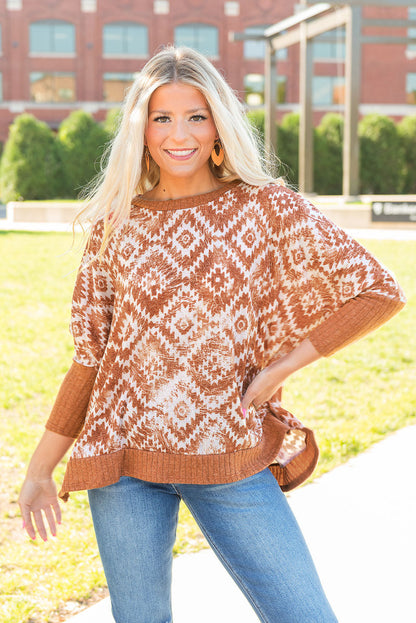 Chemisier blanc à imprimé aztèque et manches évangiles à bordure côtelée 