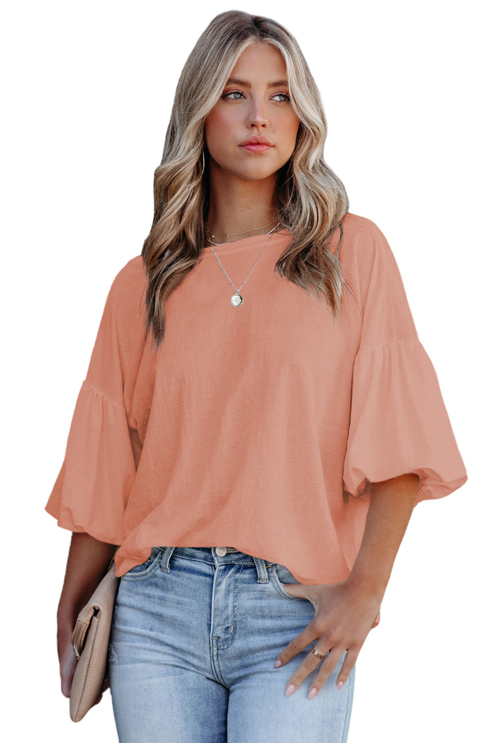 Chemisier à col rond et manches bouffantes 