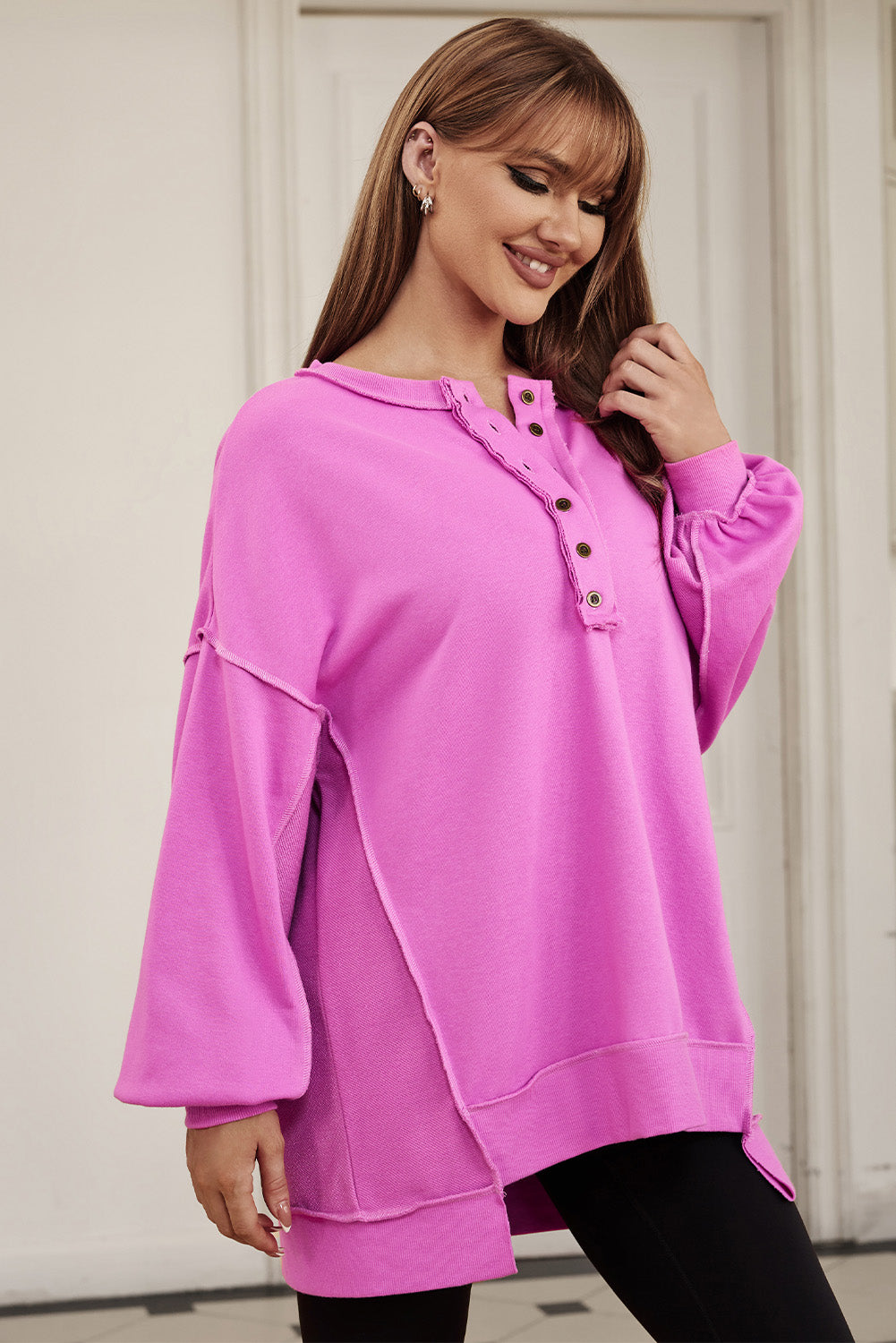 Purple Oversized Exposed Seam Henley Sweatshirt