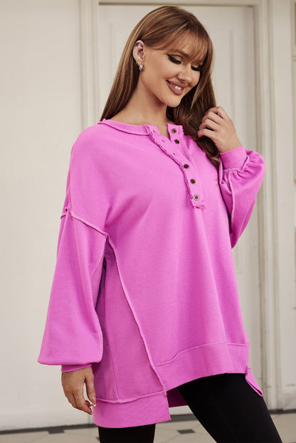 Purple Oversized Exposed Seam Henley Sweatshirt