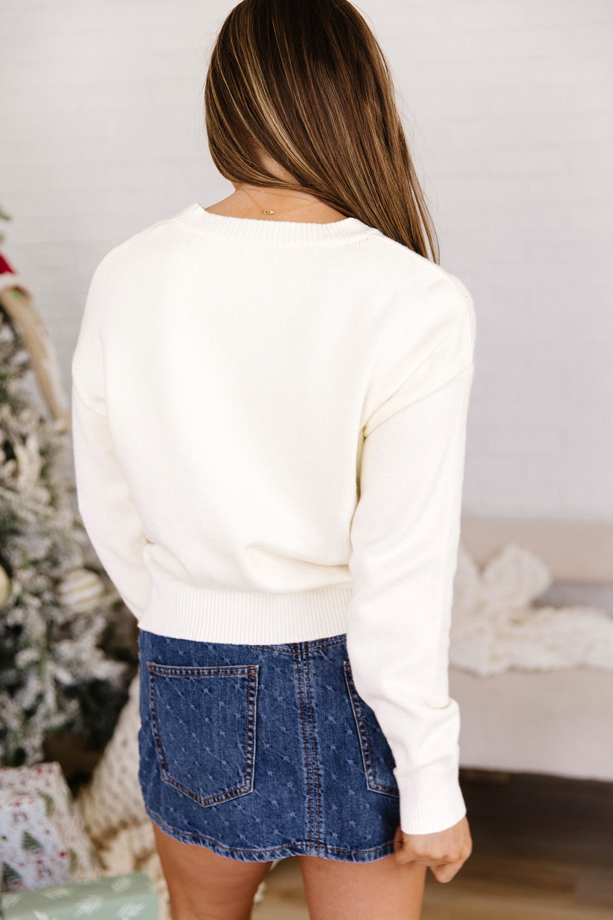 Beige Pixel Snowflake Reindeer Christmas Round Neck Casual Sweater