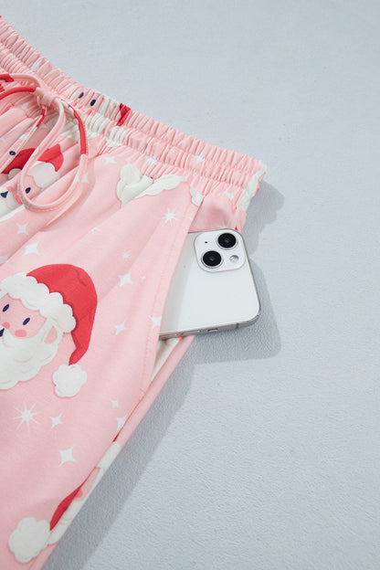 Pink Abstract Santa Pattern Long Sleeve Two Piece Shift Lounge Set