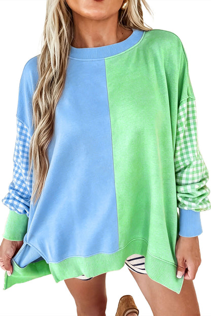 Light Blue Colorblock Gingham Sleeve Crewneck Sweatshirt