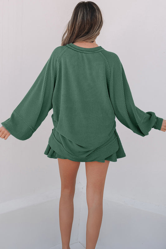 Mist Green Corded Lantern Sleeve Top High Waist Ruffled Mini Skort Set