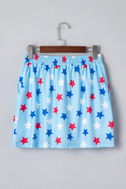 Sky Blue Patriotic Star Printed Beaded Drawstring Mini Skort