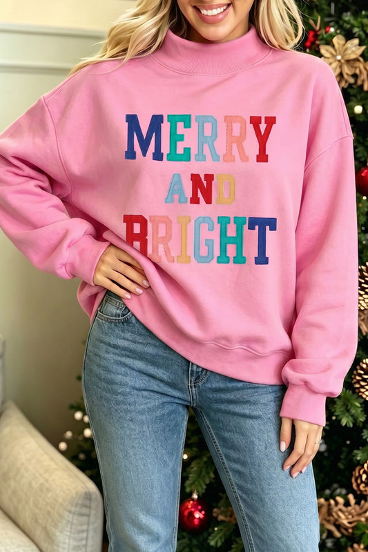 Peach Blossom MERRY AND BRIGHT Stitched Letter Pattern Mock Neck Sweatshirt