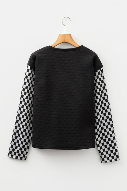 Black Plaid Textured Contrast Checkered Patchwork Long Sleeve Top