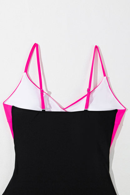 Maillot de bain une pièce à découpes croisées et colorblock rouge rose