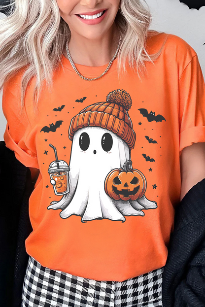 T-shirt d'Halloween orange avec imprimé citrouille fantôme mignon