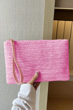 Rose Red Straw Woven Wrist Strap Zipper Large Wallet
