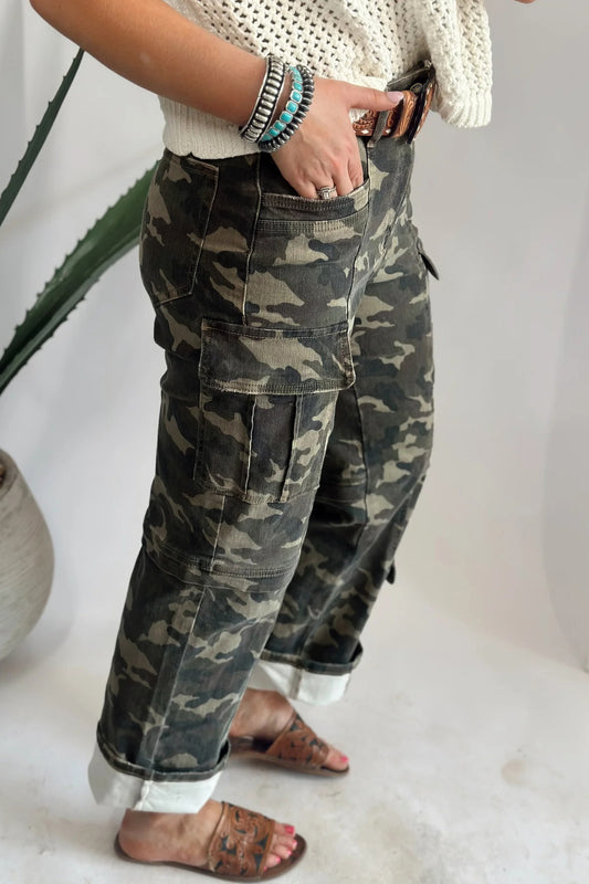 Green Camouflage Print Multi Pocketed Womens Denim Pants