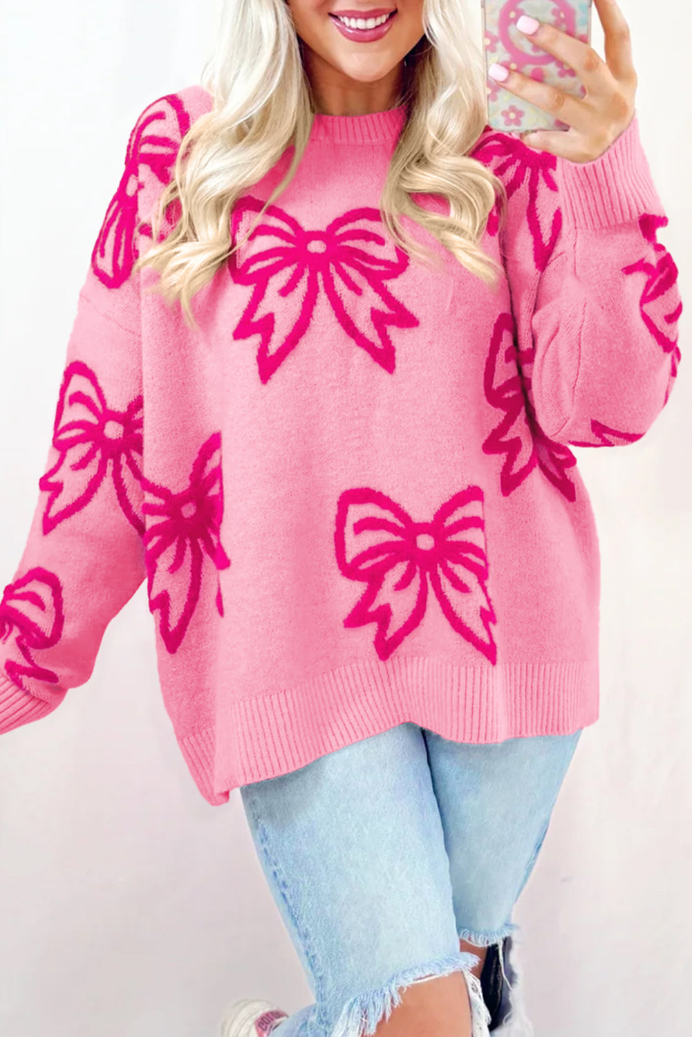 Golden Fleece Bow Pattern Drop Shoulder Loose Sweater