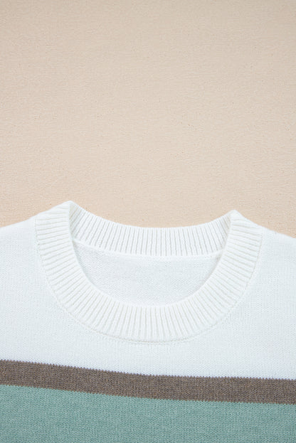 White Striped Color Block Knit Drop Shoulder Sweater