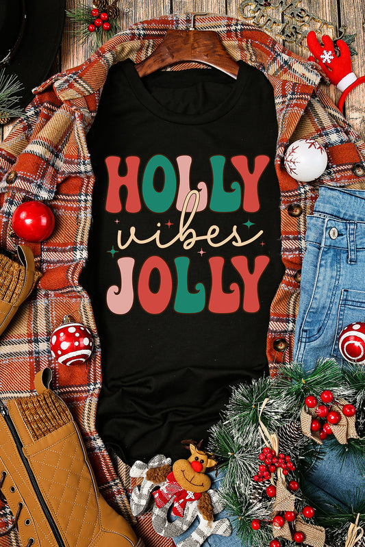 T-shirt noir à col rond de Noël avec motif HOLLY JOLLY Vibes