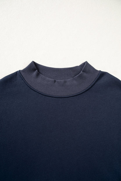 Navy Blue Plaid Sleeve Colorblock Loose Tunic Sweatshirt