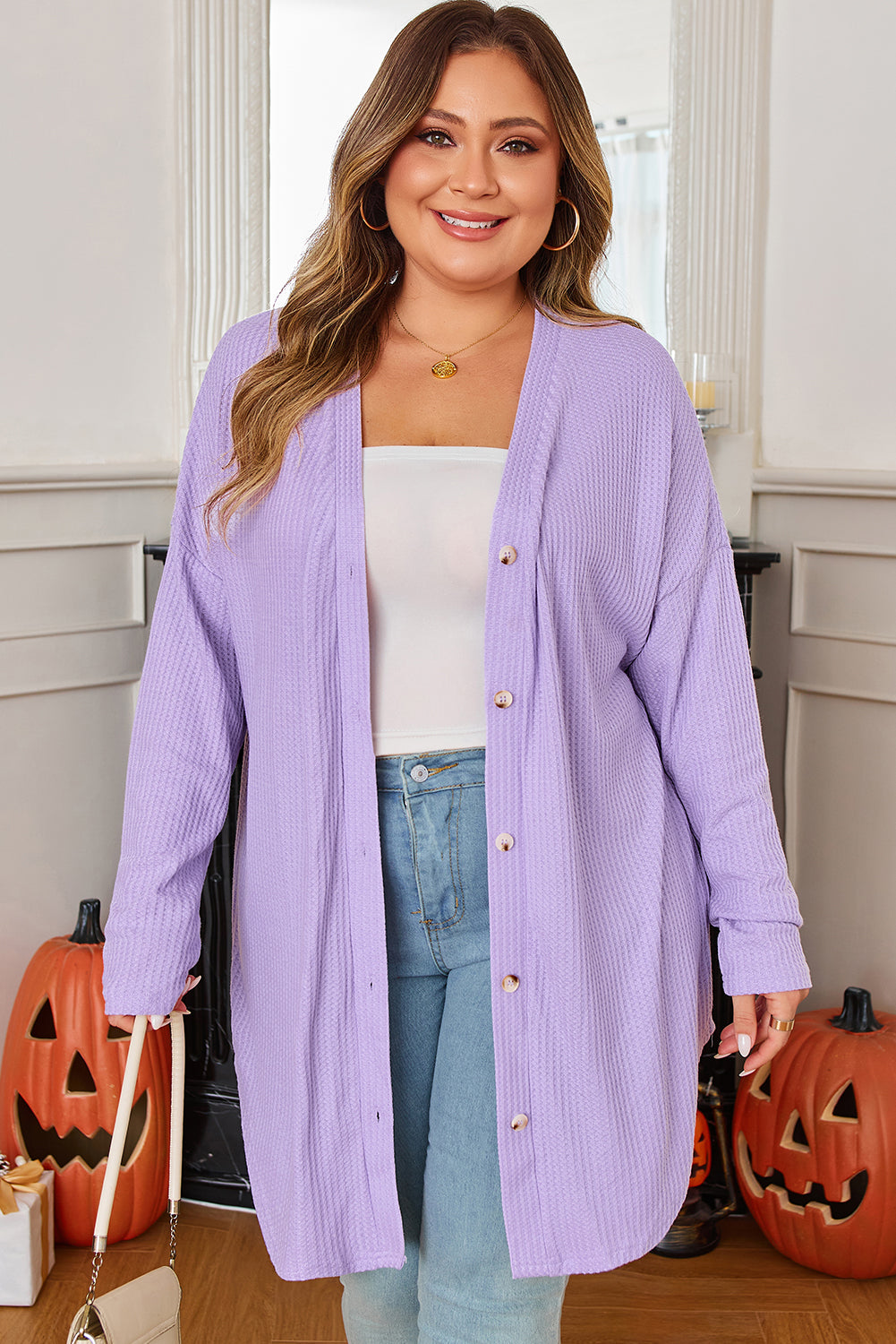 Orchid Petal Plus Size Waffle Knit Button Front Cardigan