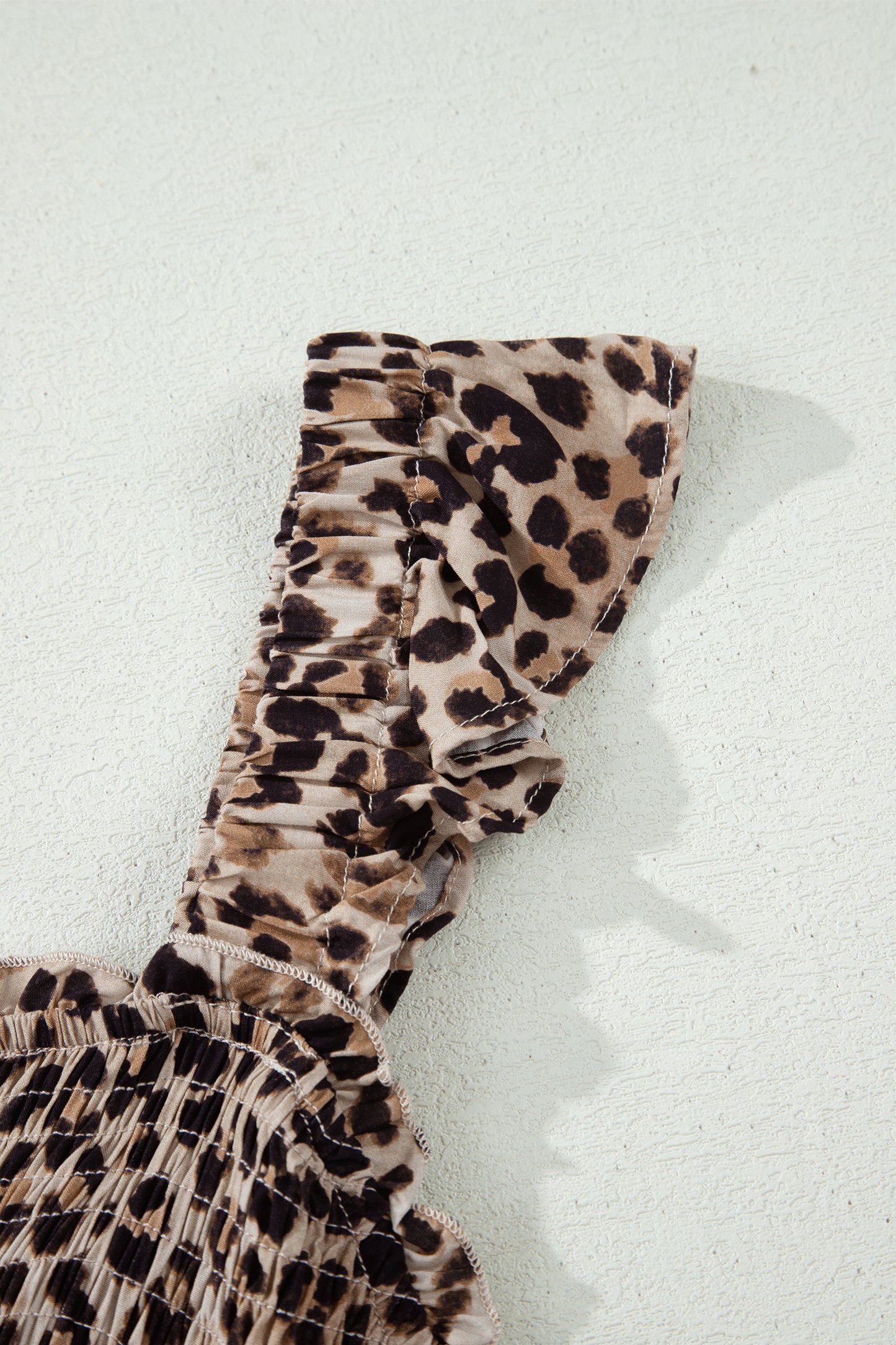 Brown Ruffled Straps Smocked Tiered Leopard Maxi Dress