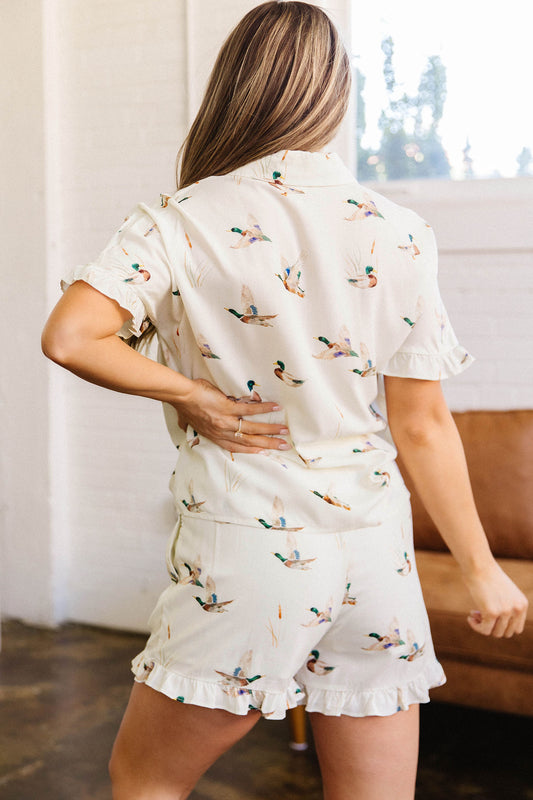 Beige Mallard Print Shirt Style Short Two Piece Set