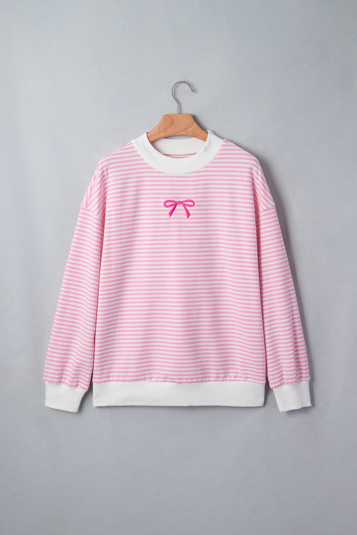 Pink Stripe Bow Embroidered Bow Contrast High Neck Baggy Sweatshirt
