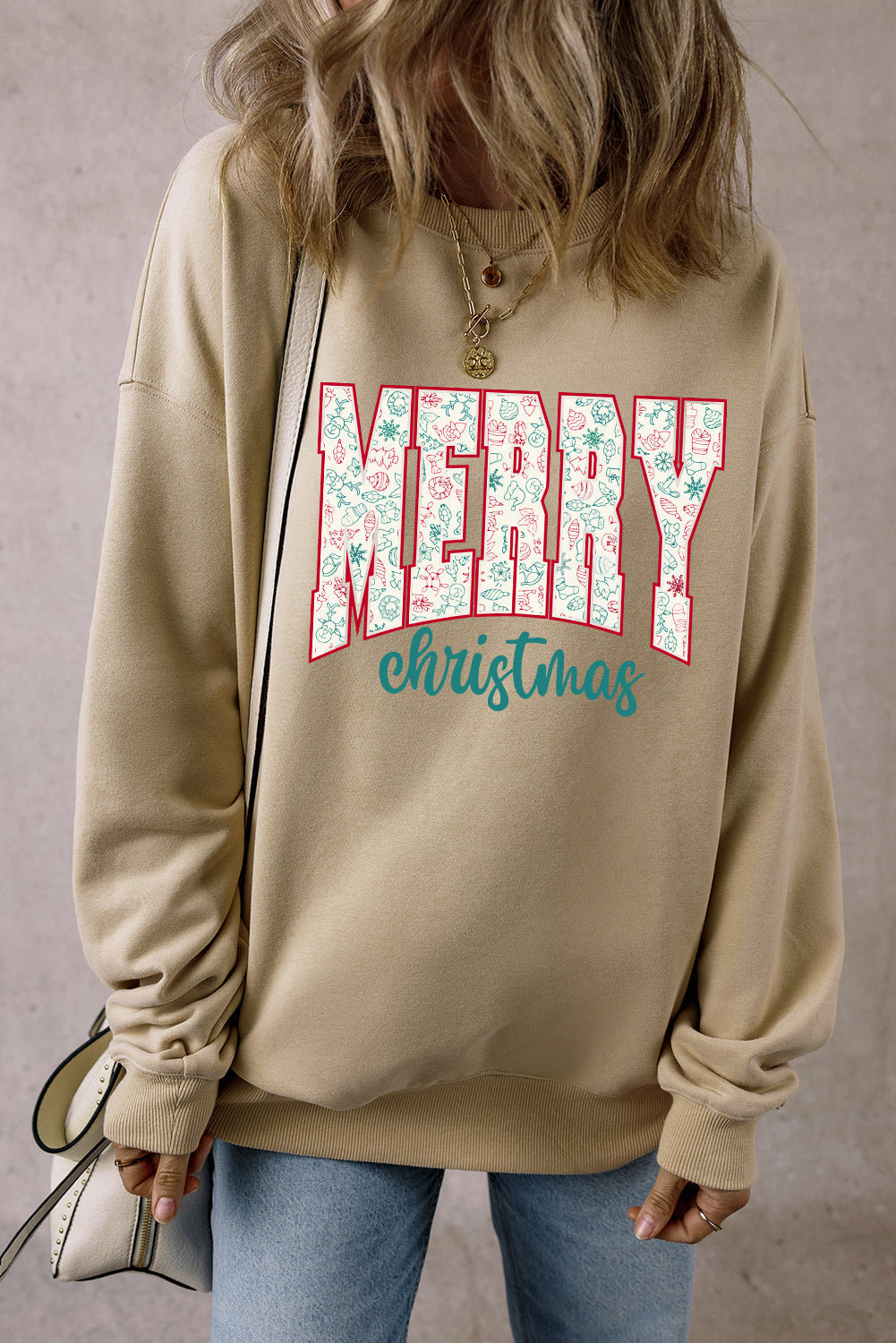 Sweat-shirt graphique imprimé « MERRY Christmas » avec éléments festifs en parchemin