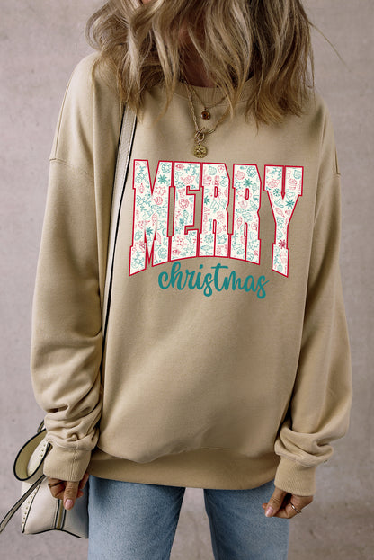 Sweat-shirt graphique imprimé « MERRY Christmas » avec éléments festifs en parchemin