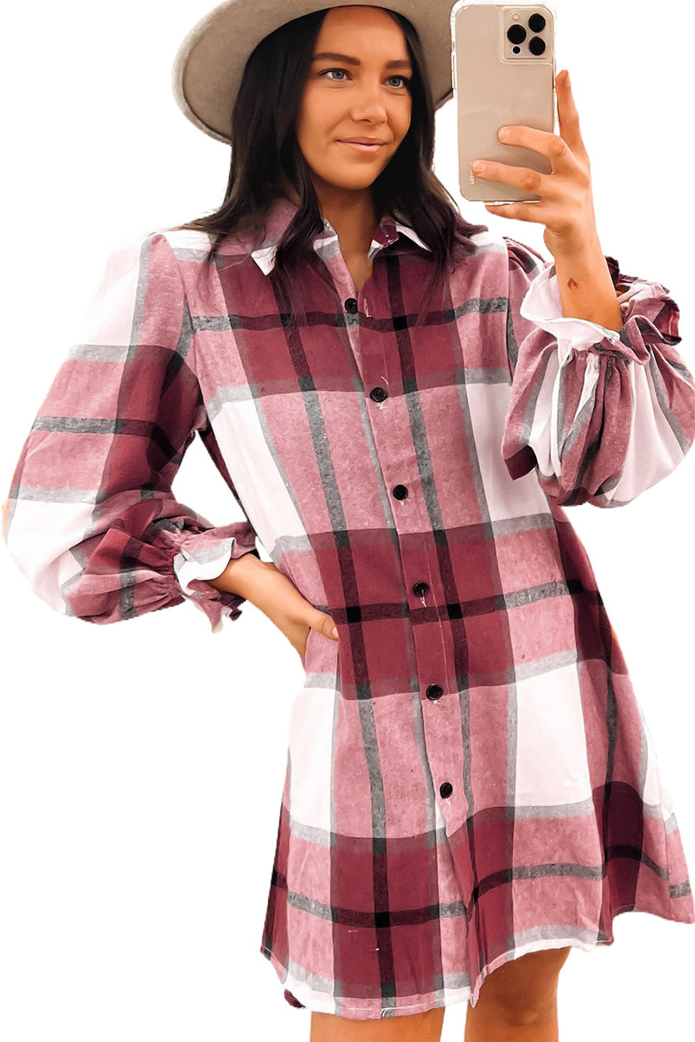 Brown Plaid Pattern Collared Neck Ruffled Sleeve Shirt Dress