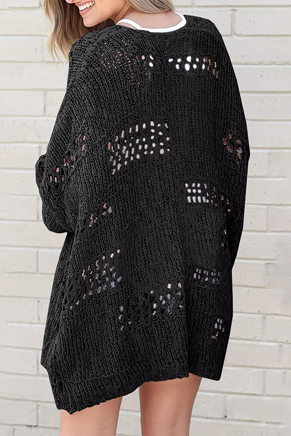 Cardigan décontracté noir à manches dolman en tricot creux 