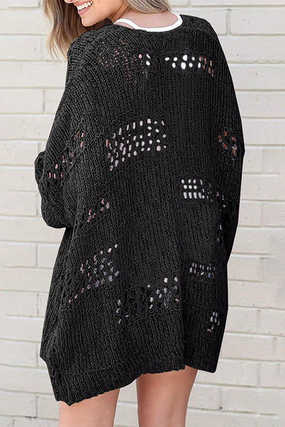 Cardigan décontracté noir à manches dolman en tricot creux 
