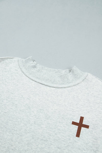 Light Grey Reversible Christian Faith Print Mock Neck Pullover Sweatshirt