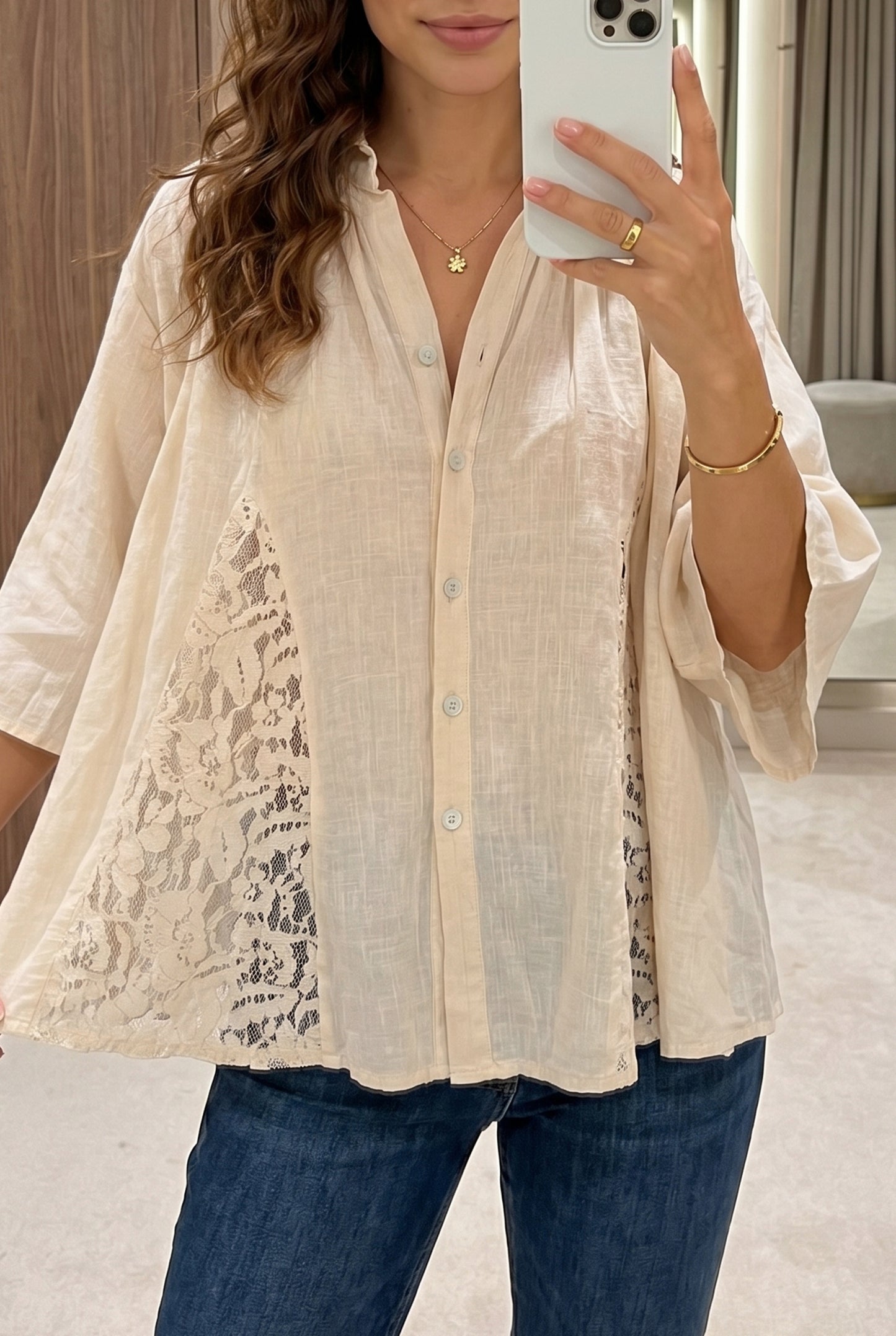 Oatmeal Sheer Lace Splicing Detail Bracelet Sleeve Loose Flowy Shirt