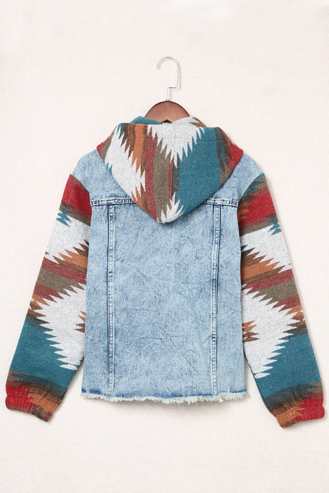 Multicolor Aztec Print Frayed Hem Denim Jacket