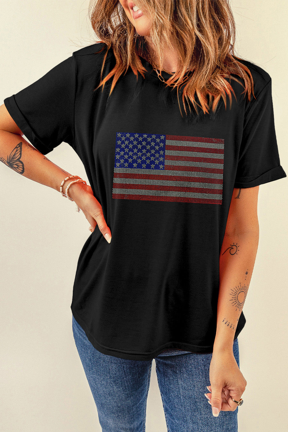 Black Rhinestone American Flag Round Neck Casual Tee