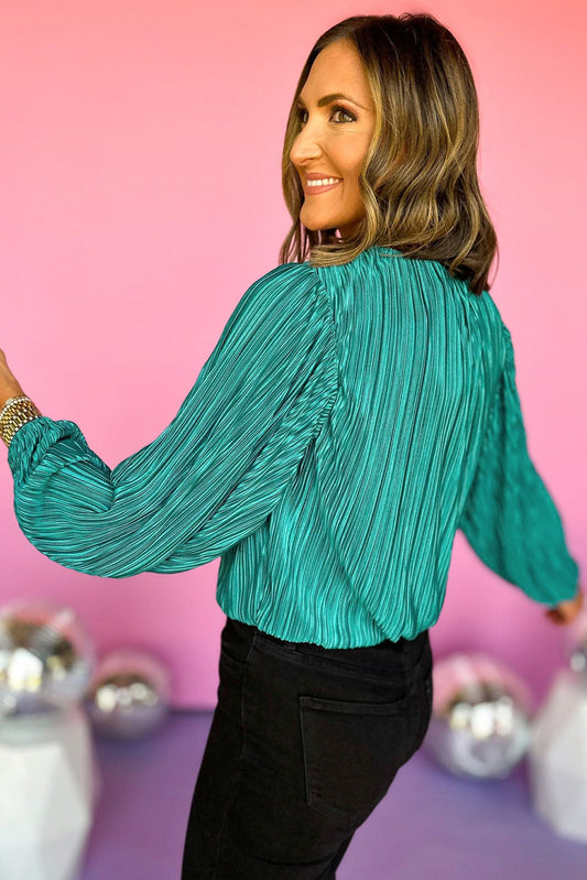 Sea Green Pleated Luster Long Sleeve Top