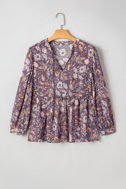 Blue Boho Flower Print 3/4 Sleeve Babydoll Blouse