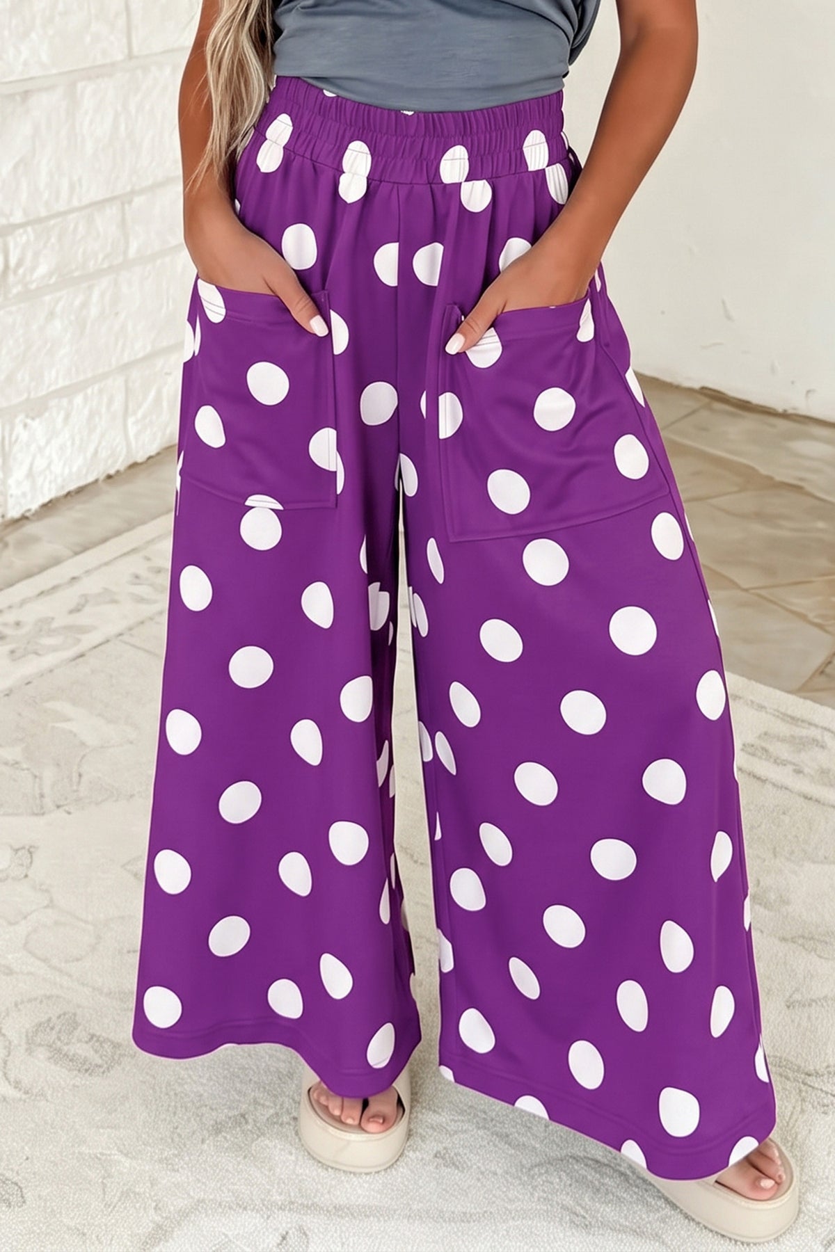 Purple Polka Dot Wide Leg Elastic Waist Casual Pants