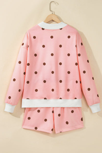 Pink Polka Dot Ribbed Trim Long Sleeve Top Casual Short Set
