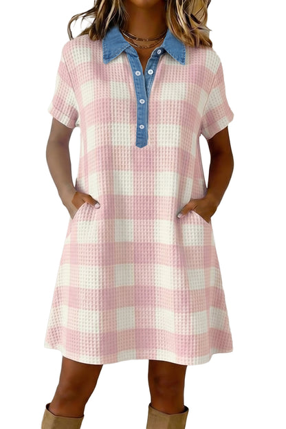 Pink Waffle Plaid Print Contrast Denim Shirt Collar Buttoned T Shirt Mini Dress