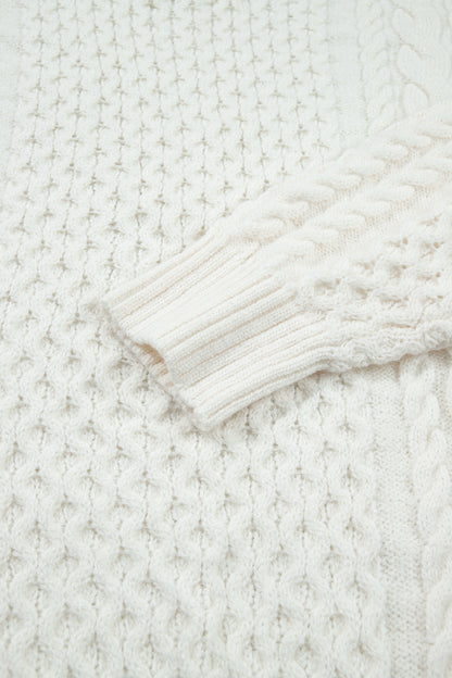 Beige Solid Color Cable Detail Knit Loose Round Neck Sweater