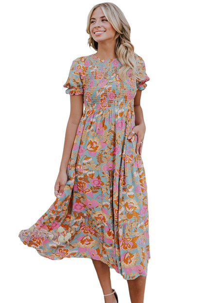 Robe fluide à volants et manches bouffantes à fleurs bleu ciel