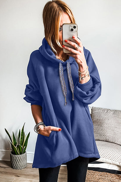 Dirty blue Fleece Lined Adjustable Drawstring Oversize Tunic Hoodie