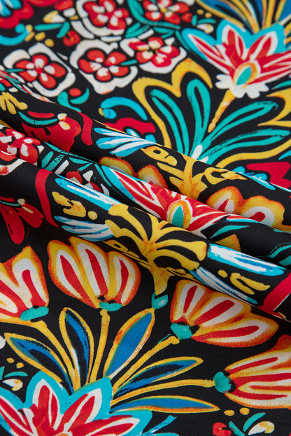 Robe longue noire à imprimé floral bohème, bretelles fines, sans manches, taille haute