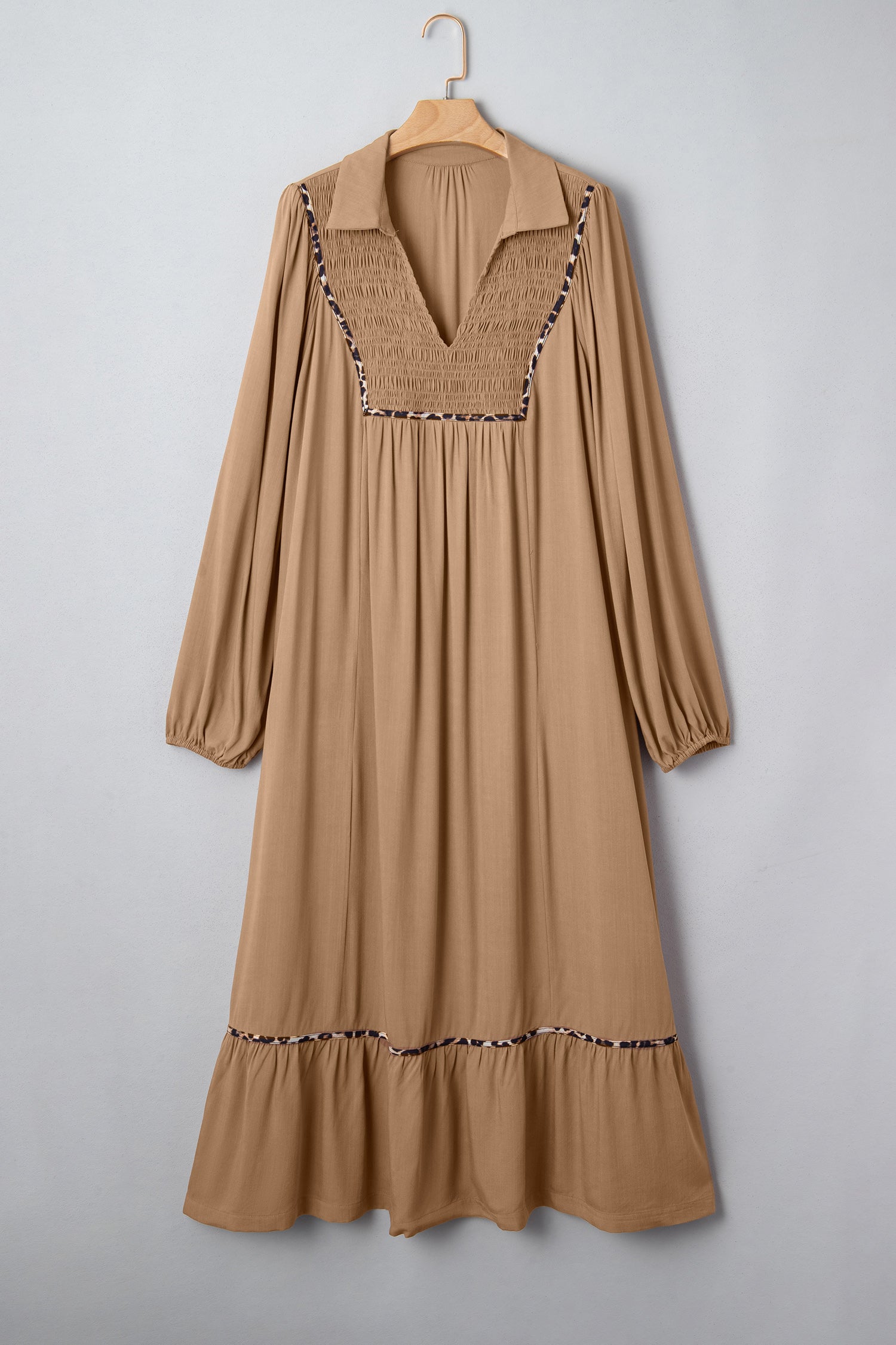 Chestnut Smocked V Neckline Leopard Piping Accent Bracelet Plus Size Long Dress