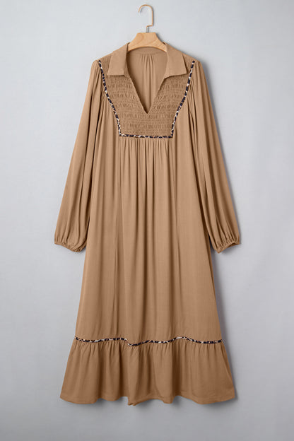 Chestnut Smocked V Neckline Leopard Piping Accent Bracelet Plus Size Long Dress